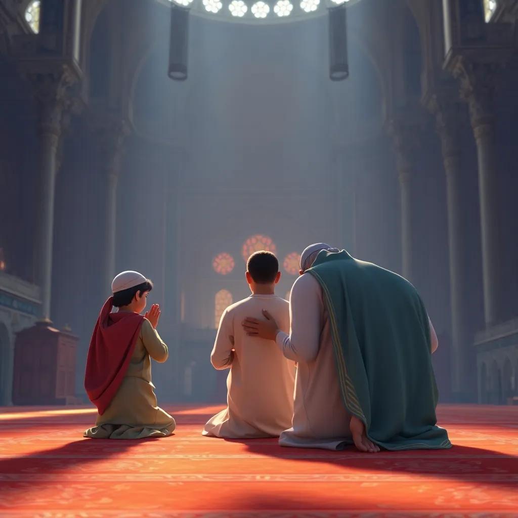 Rashid and his family in a mosque, praying together, a sense of unity and spirituality filling the atmosphere, digital art, serene lighting, peaceful