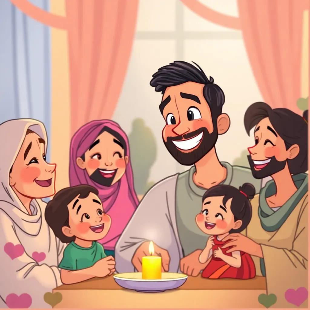 Rashid looking at his family, expressing happiness with a big smile, a cozy family gathering, colorful illustration, filled with joy