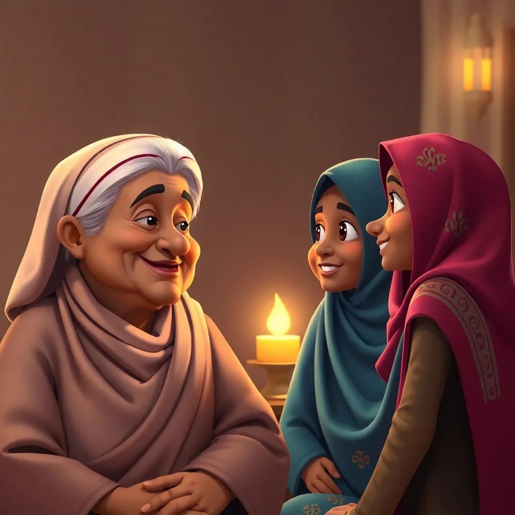 The grandmother smiling lovingly at Rashid and Miriam, sharing wisdom about Ramadan while everyone looks eager to help others, digital artwork, warm tones, caring atmosphere