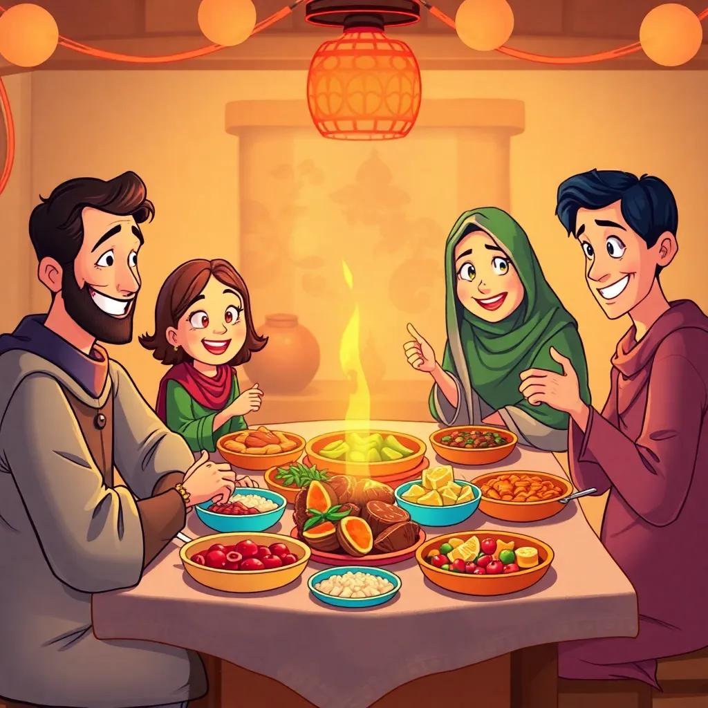 A family gathering around a table filled with delicious food for Iftar, with happy expressions, a traditional setting, warm lights, feeling of togetherness, illustration, vibrant colors