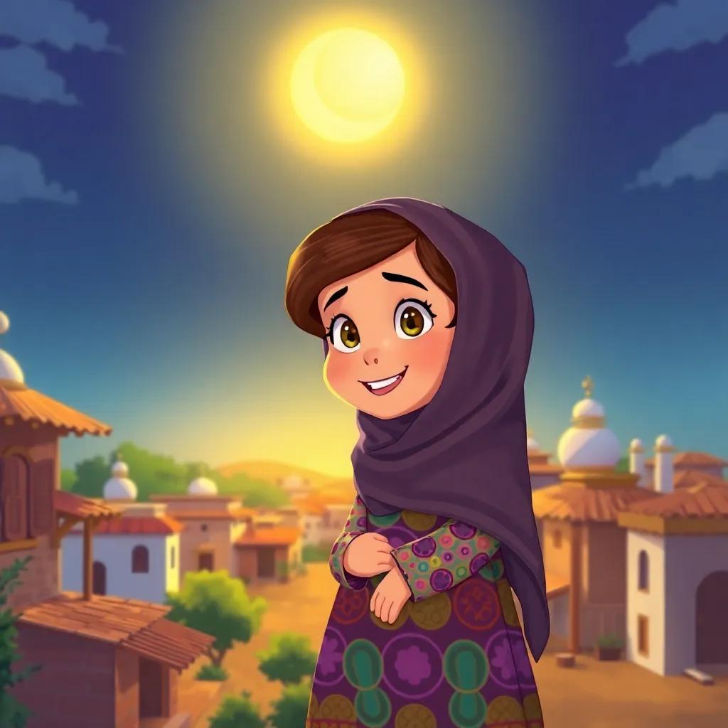 A small village during Ramadan with the sun shining brightly, Fatima, a young Arab girl with brown hair, wearing a colorful dress and a headscarf, excitedly looking out her window, digital art, bright colors, cheerful atmosphere, high quality