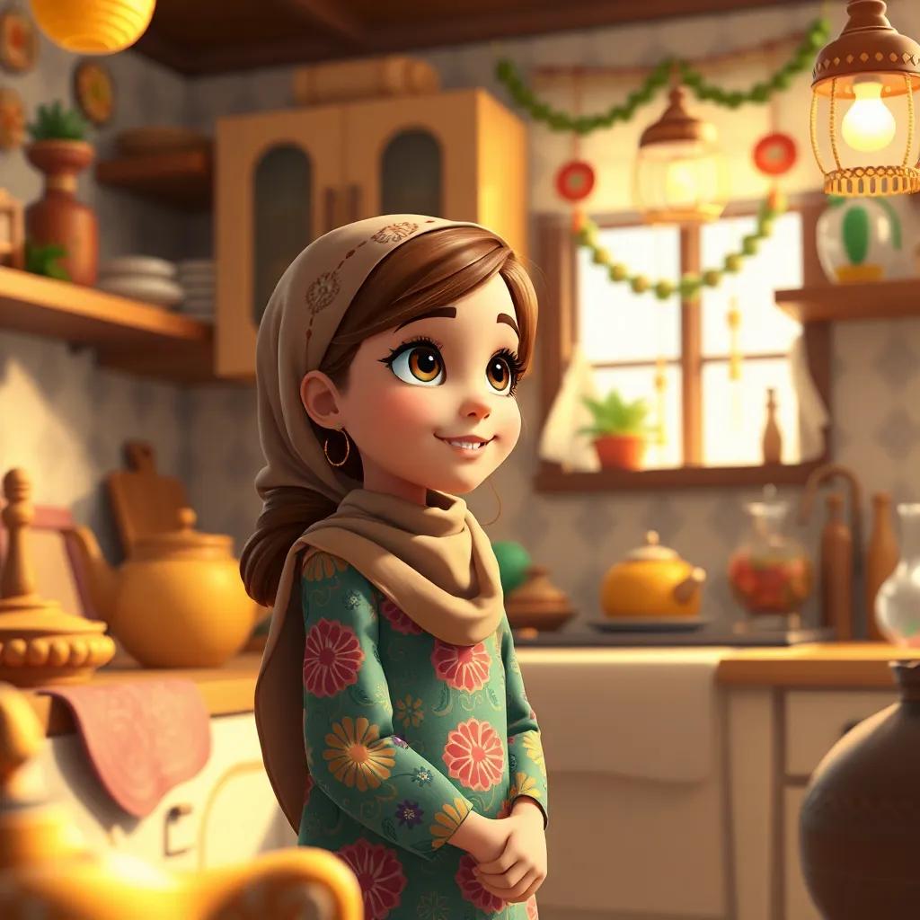 Fatima, a young Arab girl with brown hair, wearing a colorful dress and a headscarf, talking to her mother in the kitchen filled with Ramadan decorations, warm light, inviting ambiance, child-friendly, high quality