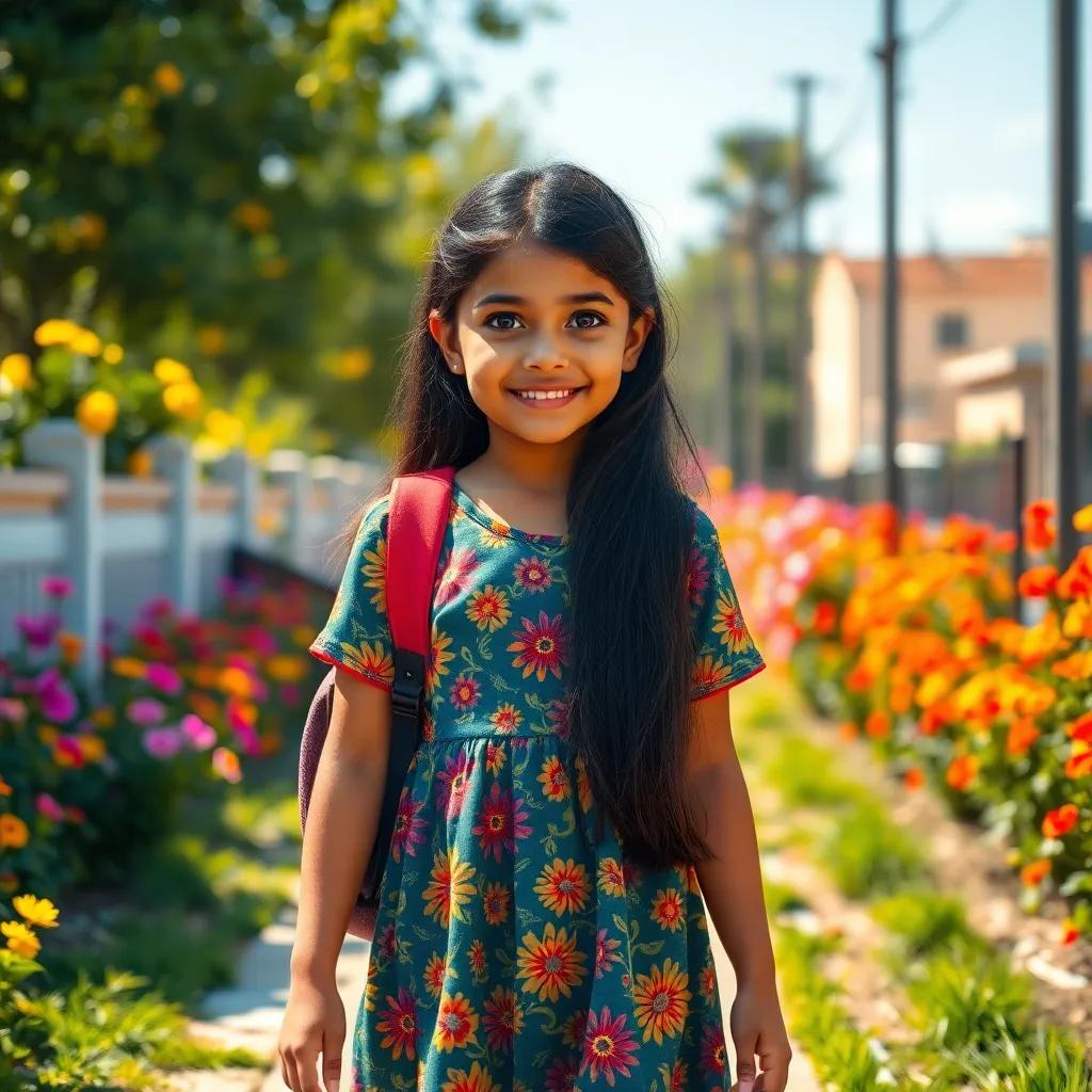 A young Arab girl, Rameesa, with long, black hair wearing a colorful dress, walking to school on a sunny day, vibrant flowers around her, cheerful atmosphere, digital art, warm colors, inviting feel, high quality