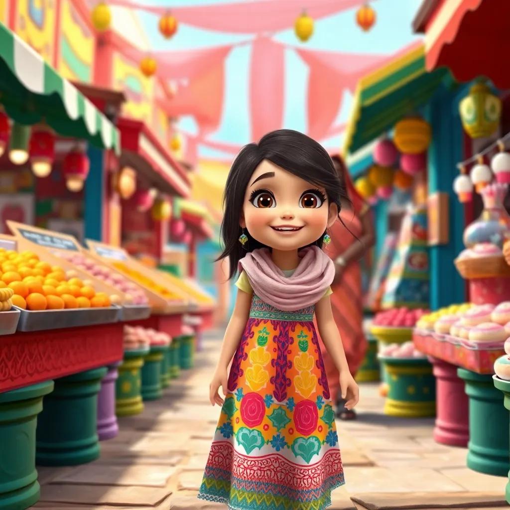 A young Arab girl, Rena, with long dark hair, wearing a colorful dress, happily walking through a vibrant village market with her mother, colorful stalls filled with sweets around, digital art, cheerful atmosphere, bright colors, lively perspective, high quality