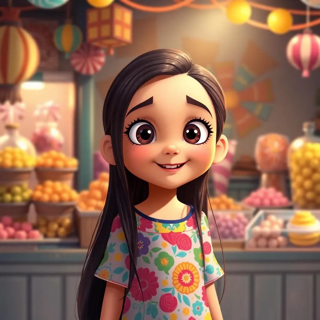 Rena, a young Arab girl, with long dark hair in a colorful dress, standing in front of a candy stall filled with assorted sweets, her eyes wide with excitement, digital illustration, warm light, rich colors, inviting ambiance, high quality