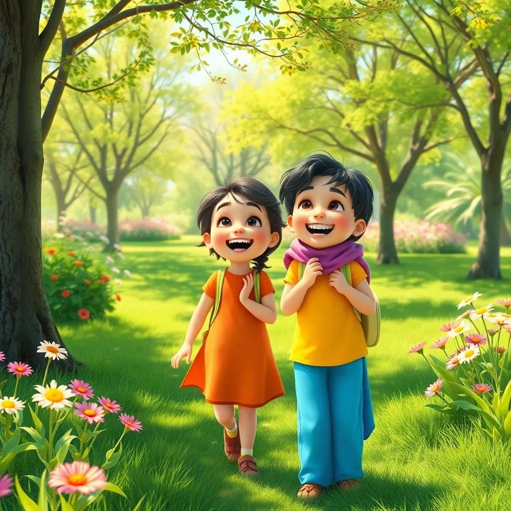 A sunny park with children, Rahaf and Sara laughing together, bright flowers and green grass, joyful atmosphere, digital art, vibrant colors, high quality