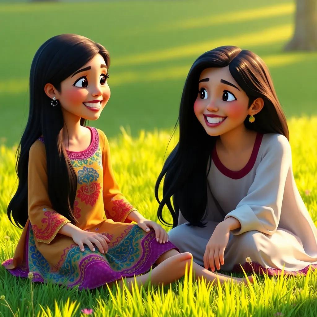Rahaf, a young Arab girl, with long black hair wearing a colorful dress, sitting on the grass with Sara beside her, both smiling and discussing, warm sunlight illuminating their faces, cheerful and engaging scene, high quality