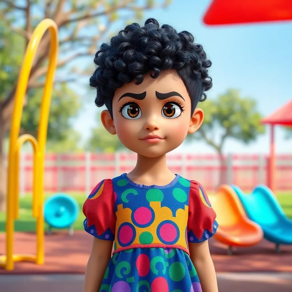 A young Arab girl, روان, with short curly hair, wearing a colorful dress, standing in a park with a frown, surrounded by playground equipment, vibrant colors, playful atmosphere, cheerful, engaging
