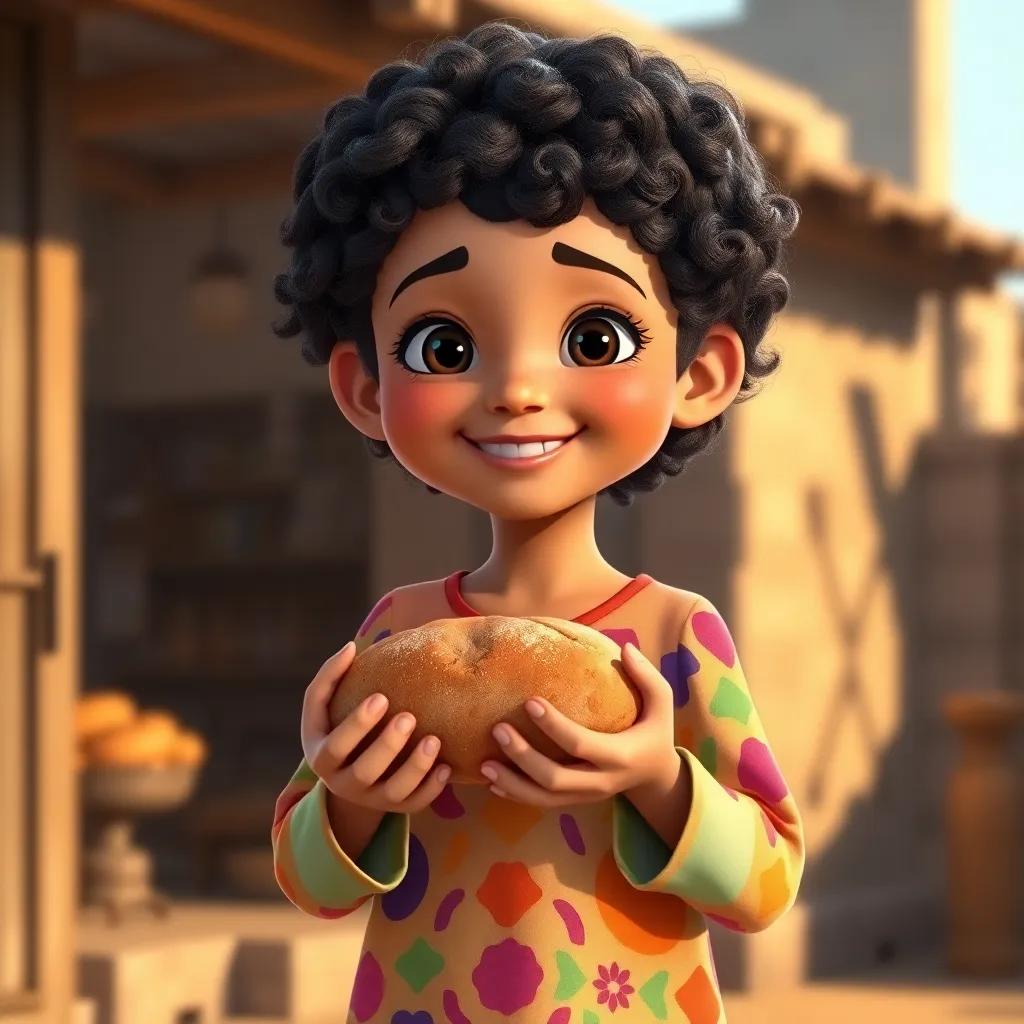 A young Arab girl, روان, with short curly hair, wearing a colorful dress, happily holding a fresh loaf of bread in her hands, outside a small bakery, warm light, back home with a smile, joyful, bright colors