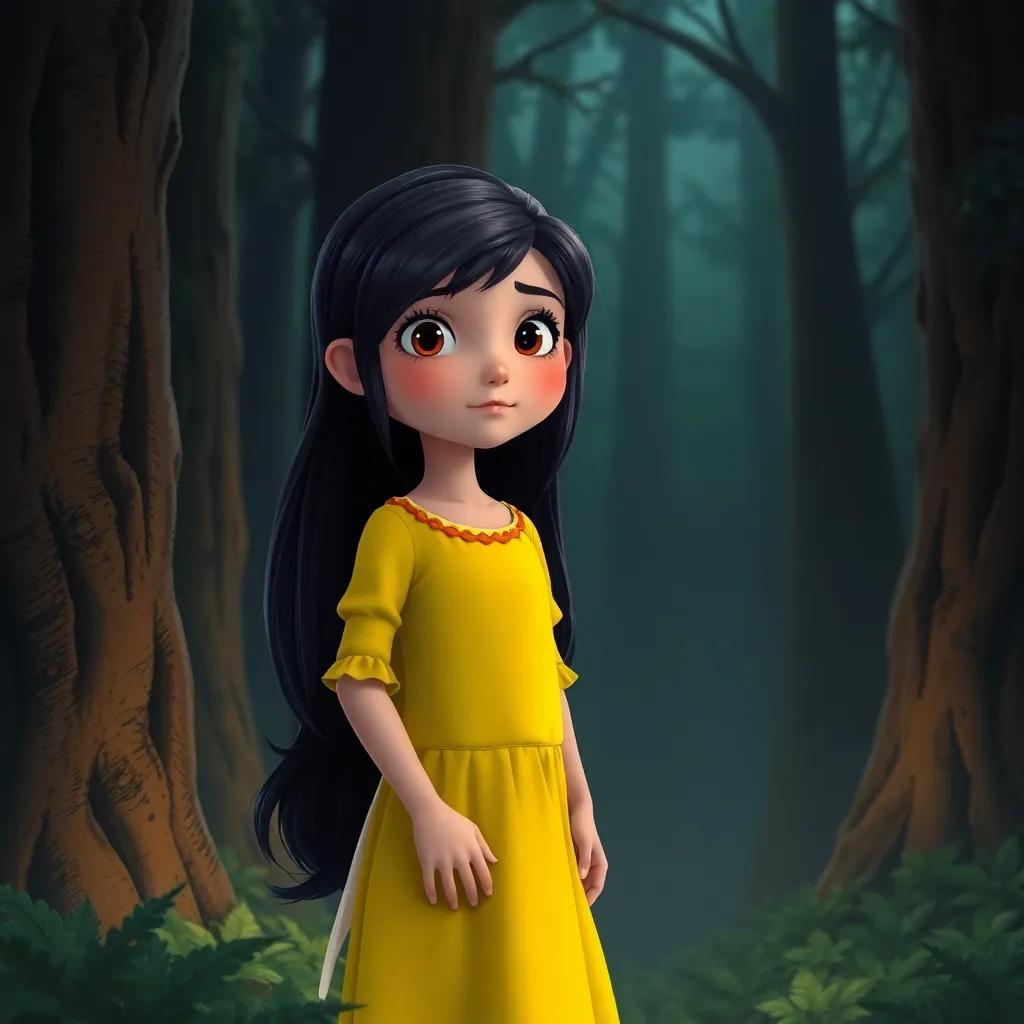 A brave girl named Selina, with long, dark hair, wearing a bright yellow dress, standing at the edge of a dark forest with curiosity and excitement, digital art, detailed, rich colors, captivating atmosphere