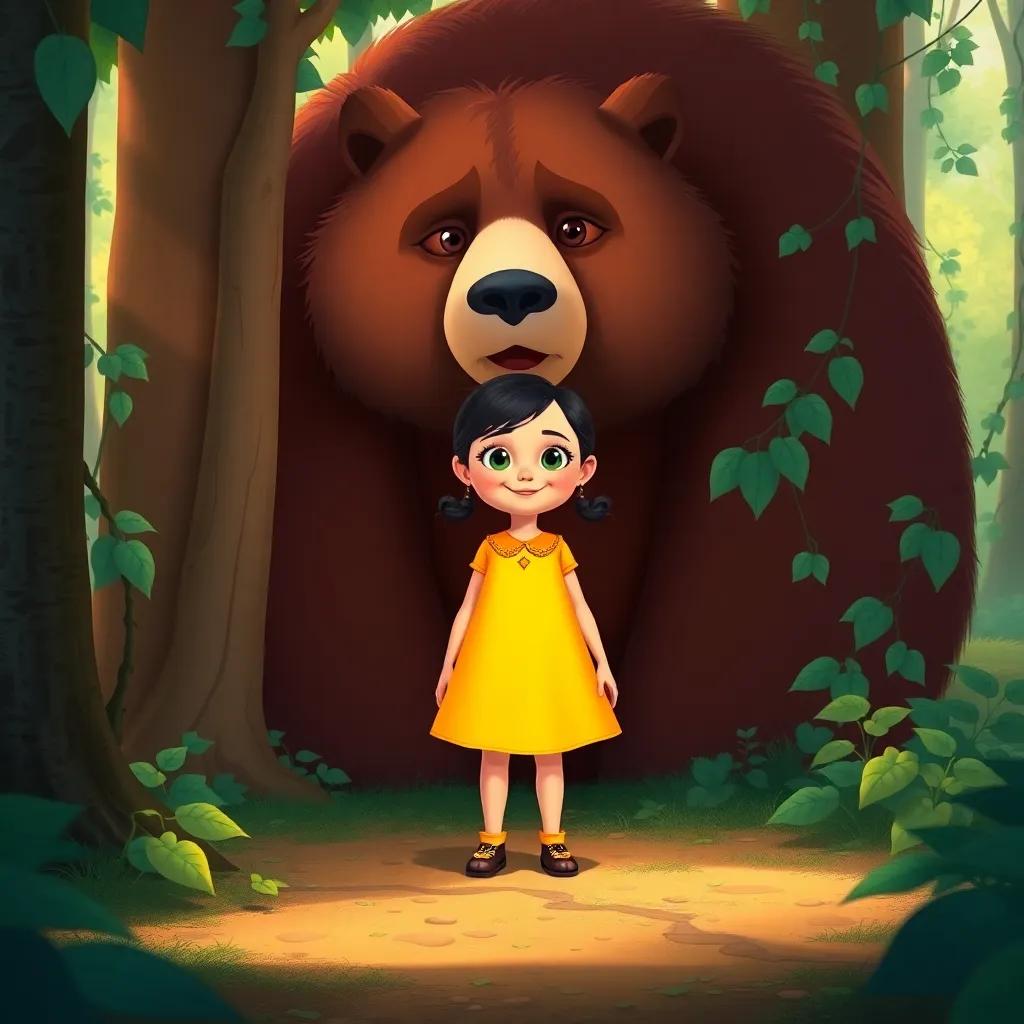 Selina, a brave girl in a bright yellow dress, standing calmly in front of a large friendly bear, surrounded by trees and vines in the forest, cheerful expression, illustration, warm light, child-friendly