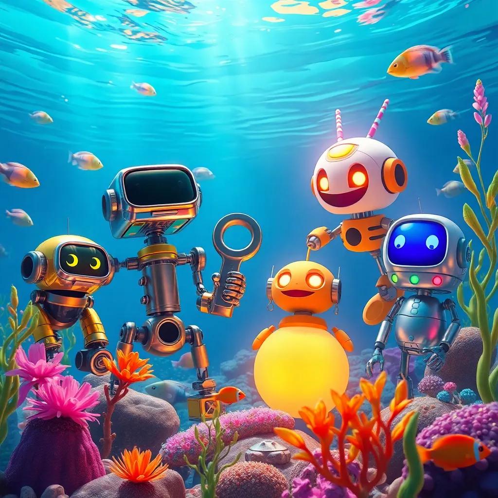 A colorful underwater scene at the bottom of a lake, featuring four robots: Robota, an exploratory robot with shiny metal, Mechanical, a mechanical robot holding a huge wrench, Blub, an entertainment robot with a playful expression, and Echo, a smart robot with bright lights, surrounded by underwater plants and fish, underwater digital art, vibrant colors, cheerful atmosphere, high quality