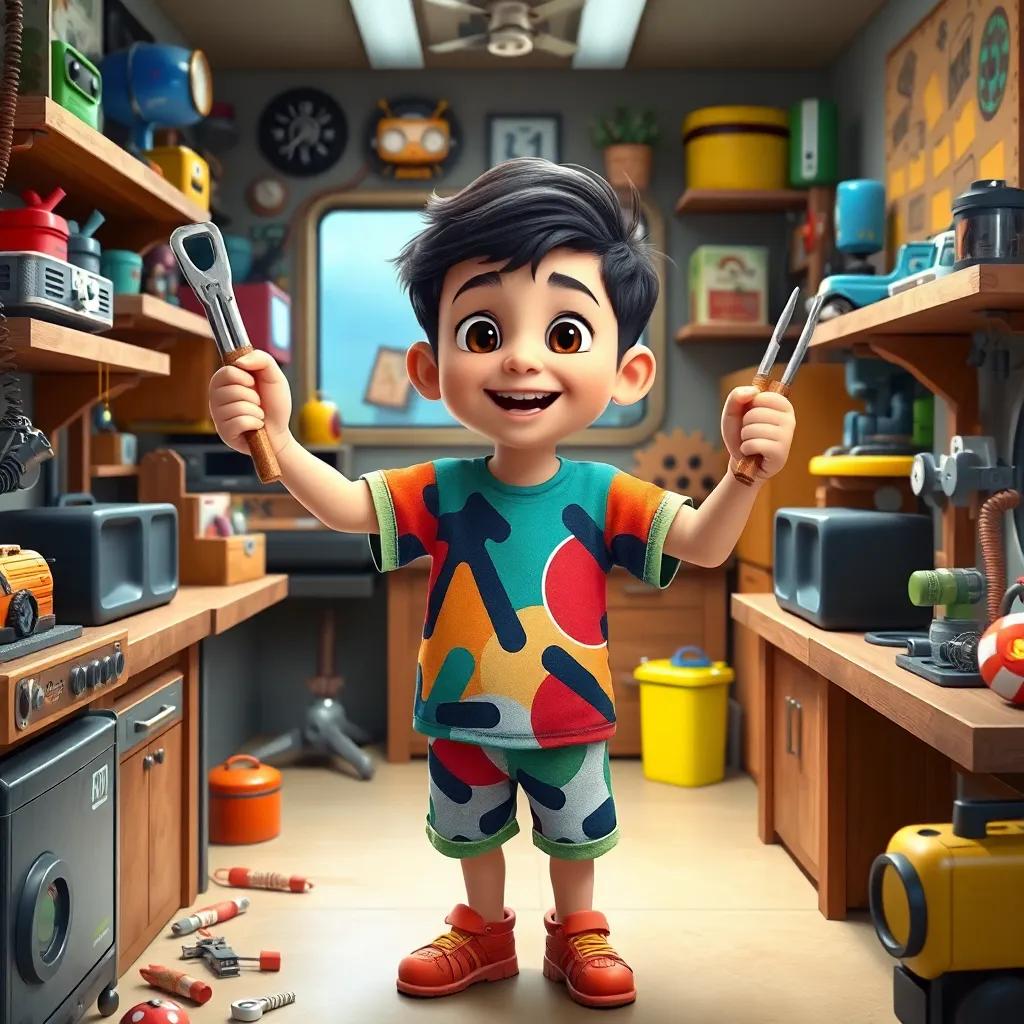 A young Arab boy, Sami, around 5 years old, wearing a colorful t-shirt and shorts, excitedly holding strange tools in his small workshop filled with gadgets and toys, digital art, bright colors, imaginative environment, child-friendly