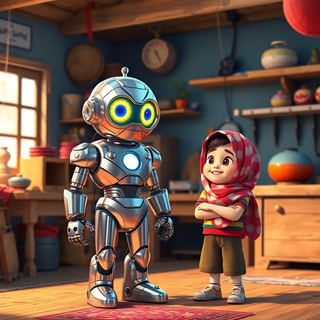 A friendly robot named Iron, with shiny metal body and illuminated eyes, standing in a cozy workshop with Sami, the young Arab boy, while the robot talks, cheerful atmosphere, vibrant colors, creative, uplifting vibe