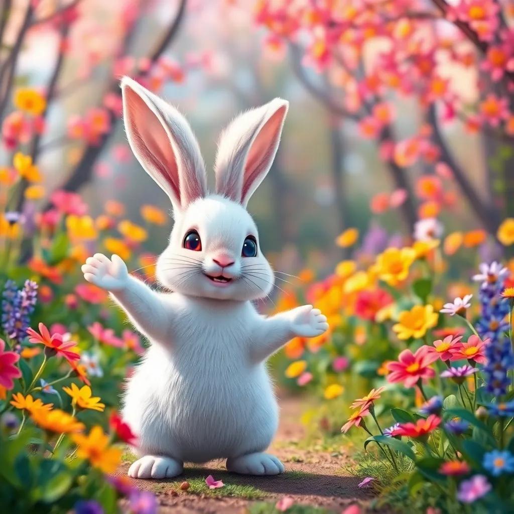 A small rabbit, Ruby, with fluffy white fur and big ears, standing in a colorful forest filled with bright flowers, smiling and waving to his friends, cheerful atmosphere, illustration, child-friendly, warm colors, high quality
