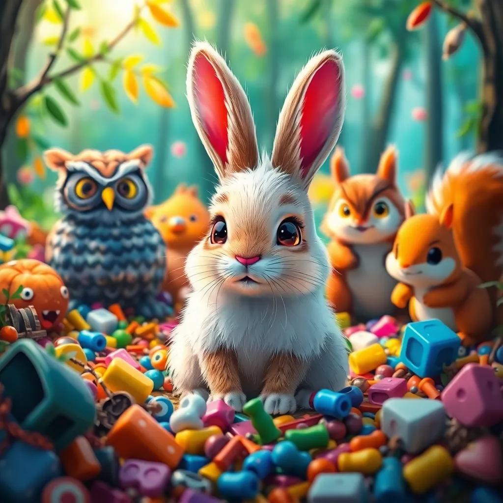 Ruby, the small rabbit with fluffy white fur, sitting in the middle of a colorful mess in the forest, looking worried, surrounded by confused animal friends like a wise owl and a playful squirrel, vibrant colors, lighthearted chaos, digital art, detailed