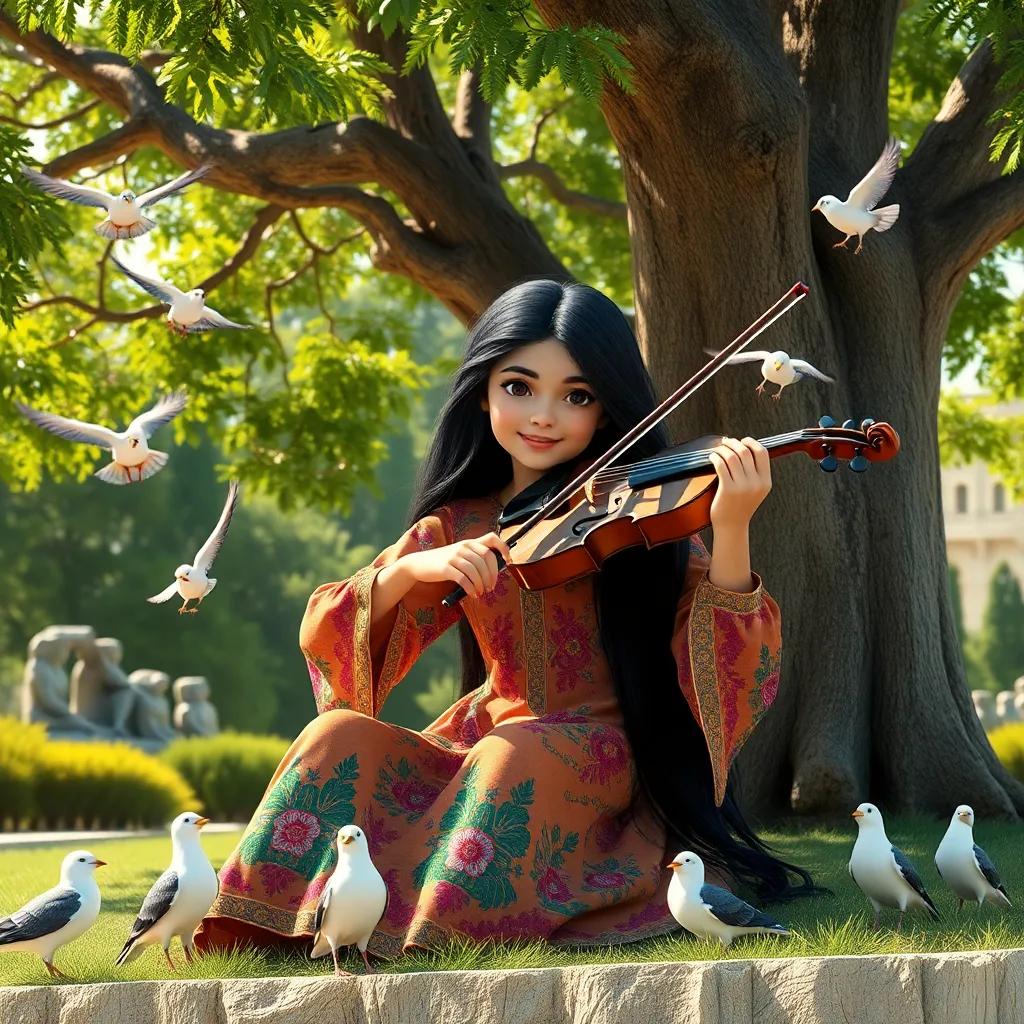 A young Arab girl, روحا, with long, black hair, wearing a colorful dress, sitting under a big tree, playing a violin while birds gather around her, cheerful atmosphere, digital art, bright and sunny, engaging scene, high quality