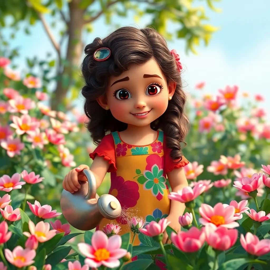 A young Arab girl, Roz, with curly brown hair, wearing a bright colorful dress, watering beautiful flowers in a garden full of blooming petals and green leaves, joyful scene, cheerful day, vibrant colors, digital art