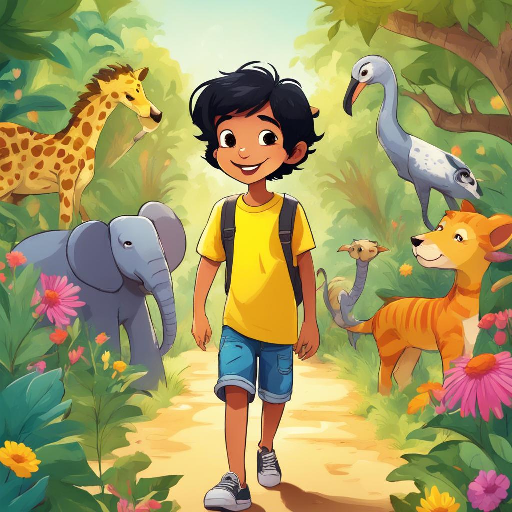 A young Arab boy, Rofan, with short black hair, wearing a bright yellow t-shirt and denim shorts, walking in a lush zoo with colorful flowers and animals in the background, cheerful atmosphere, digital art, vibrant colors, joyful