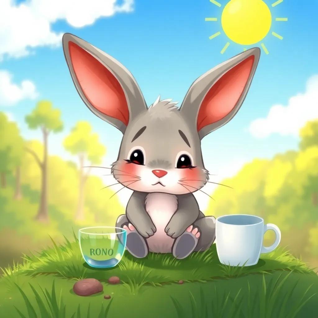 A little rabbit named Rono, with big ears and gray fur, sitting sadly on a patch of grass under a sunny sky, with a half-empty cup beside him, digital art, bright colors, beautiful forest background, cheerful atmosphere