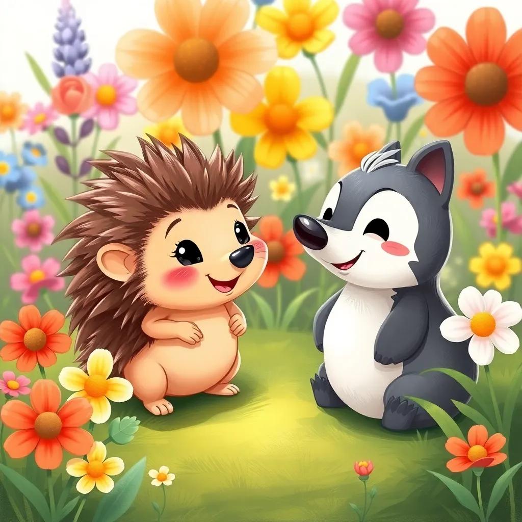 A small, curious hedgehog named Ziko, with soft spikes and a playful smile, cheerfully talking to Rono, as colorful flowers bloom around them, vibrant digital illustration, friendly setting, engaging scene