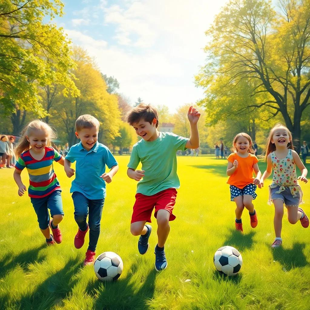 A bright park scene on a sunny Friday morning, children playing football with smiles, a group of friends laughing and cheering, colorful clothes, energetic atmosphere, high quality, vibrant colors
