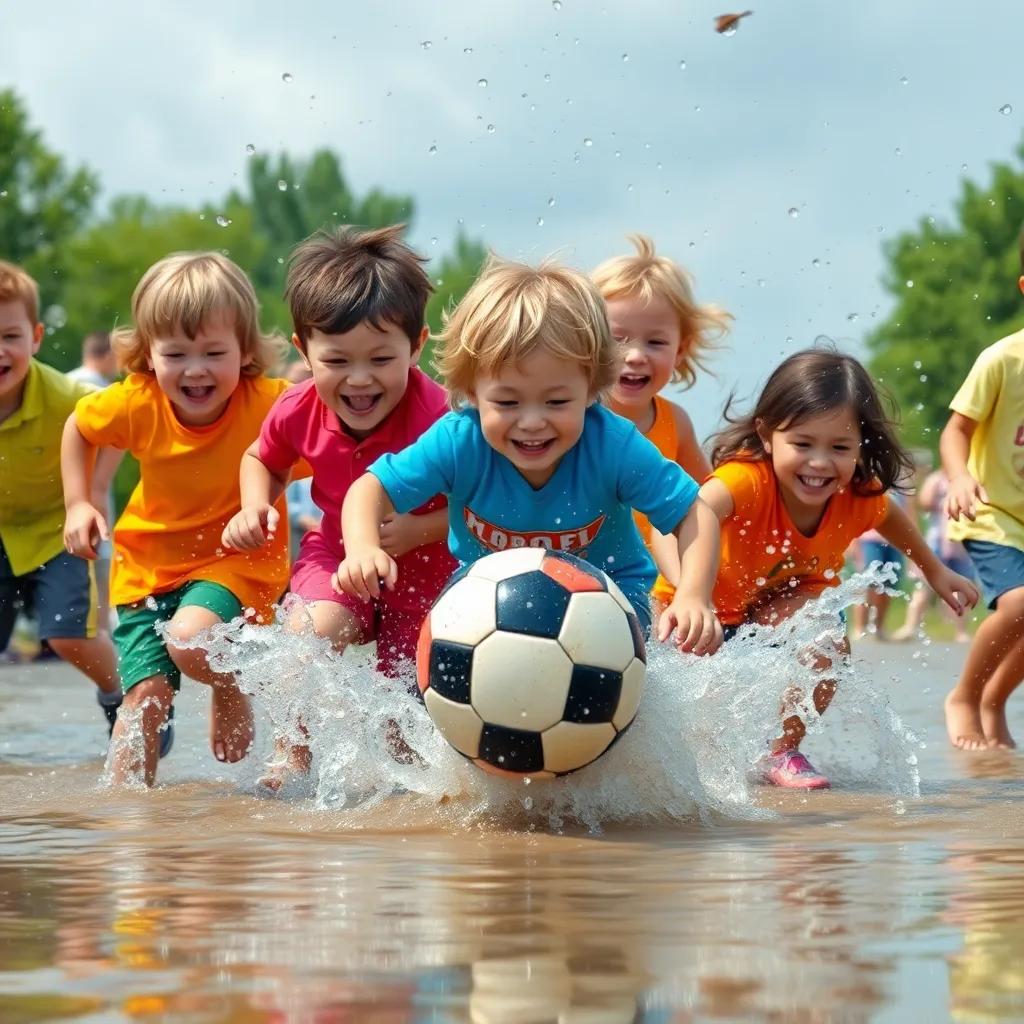 Children playing football in a splashy puddle with laughter, water droplets flying everywhere, colorful clothes, fun and playful chaos, joyful expressions, high quality, bright colors