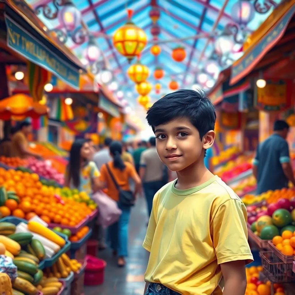 A young Arab boy, Sami, with short black hair, wearing a bright t-shirt and jeans, exploring a colorful market filled with fruits and people, lively atmosphere, digital art, warm colors, vibrant ambiance, cheerful perspective, high quality