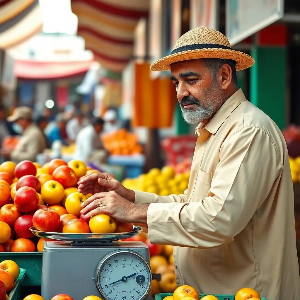 A fruit seller, a middle-aged Arab man, wearing a traditional shirt and a straw hat, counting apples on a scale in a busy market, showcasing the use of mathematics, digital art, bright and lively, friendly vibe, high quality