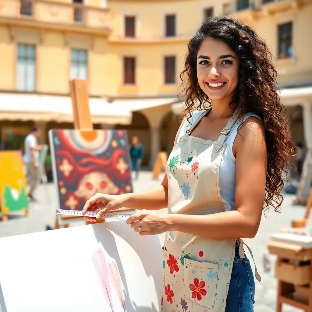 An artist, a young Arab woman, with long curly hair, wearing a paint-splattered apron, measuring the dimensions of a canvas in a sunny outdoor square, surrounded by art supplies, illustration, cheerful, creative ambiance, high quality