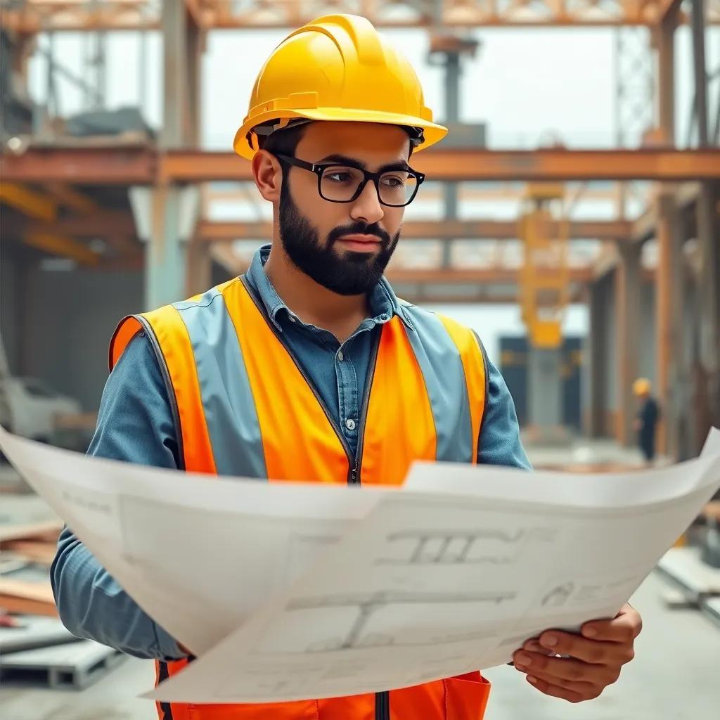 An engineer, an Arab man in his 30s, wearing a hard hat and a safety vest, examining blueprints of a bridge, with tools around him in a construction site, digital painting, detailed, industrious atmosphere, high quality