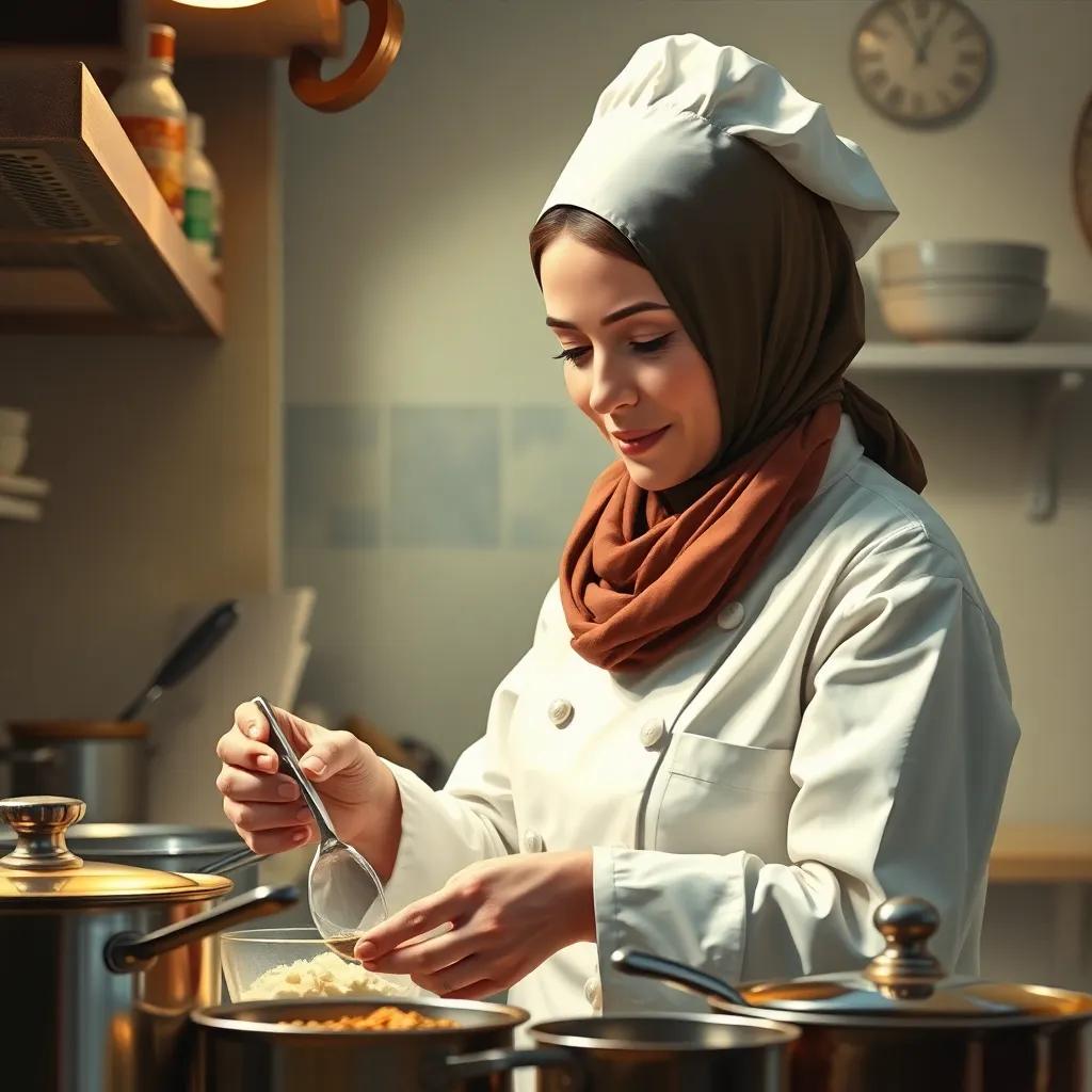 A chef, an Arab woman in her 40s, with a scarf and a chef's coat, measuring ingredients in a kitchen, pots and pans around, conveying the essence of cooking measurements, digital art, warm kitchen light, inviting atmosphere, high quality