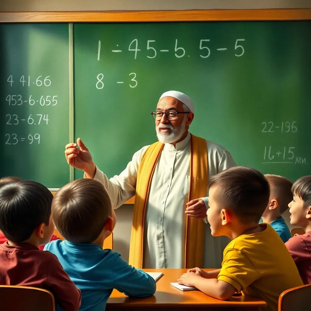 A teacher, an older Arab man, with glasses and a traditional thawb, teaching math to a group of children in a classroom, chalkboard with numbers, happy faces, vibrant colors, educational ambiance, high quality