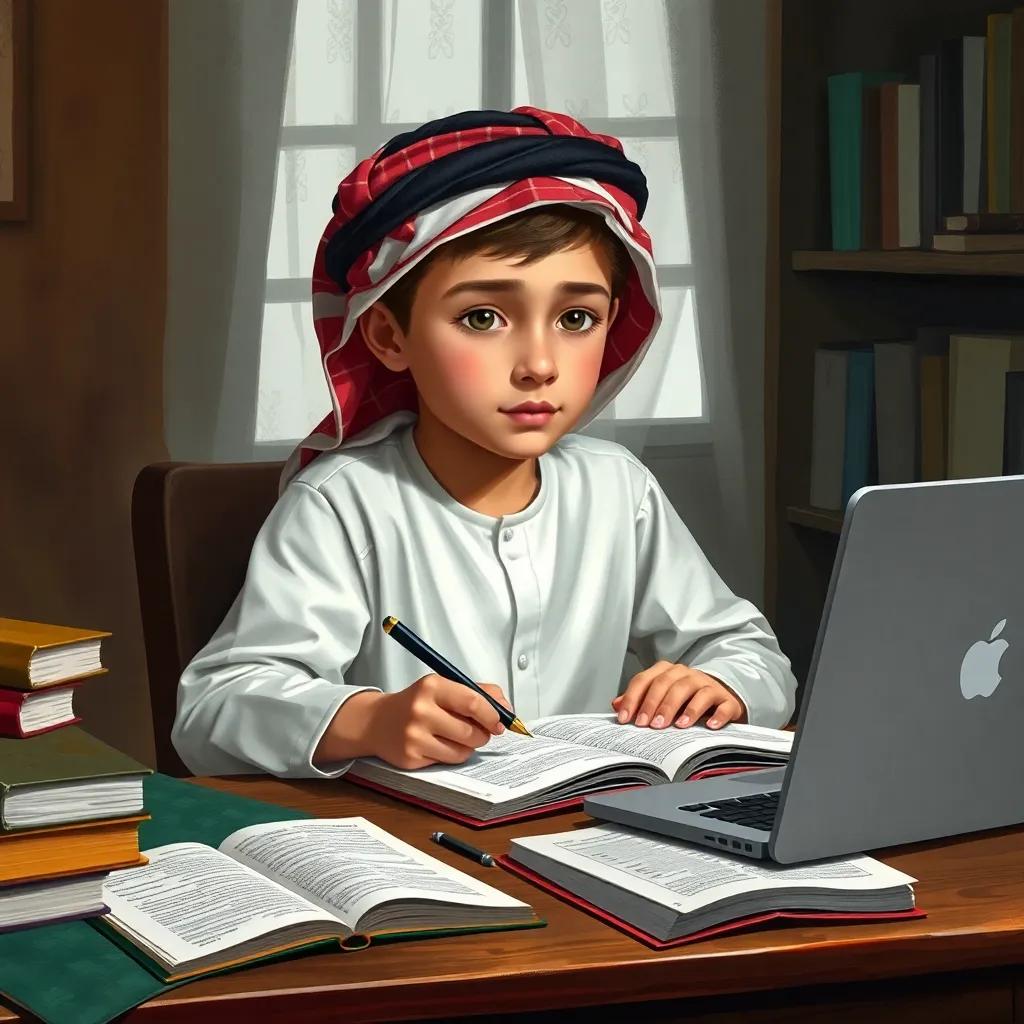 A young Arab boy, Sami, sitting at his desk at home, writing notes about his day learning math, with his laptop and books around him, cozy atmosphere, digital art, focused expression, high quality