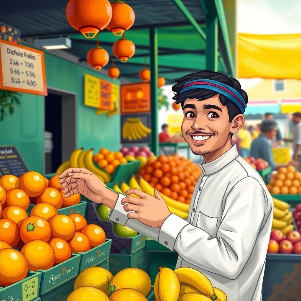 Sami measuring fruits at a market stall with a smile, showcasing his newfound math skills, colorful fruit stand filled with oranges, bananas, and apples, digital illustration, joyful colors, bright setting, high quality