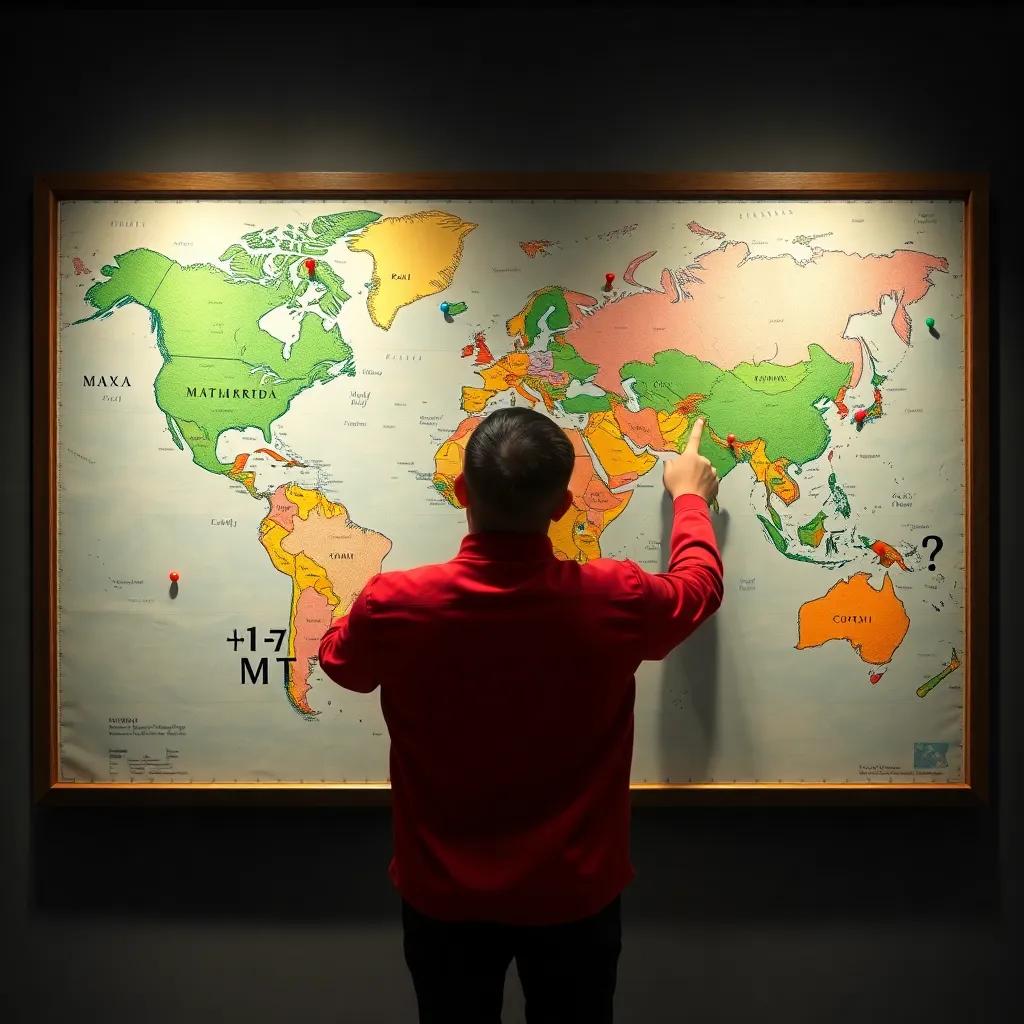 A world map on the wall where Sami points at different countries, showing how math is used globally, colorful pins marking various locations, digital art, educational theme, high quality