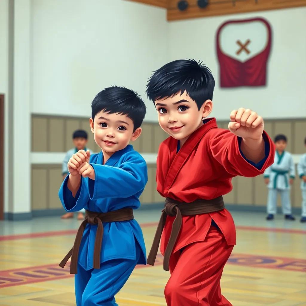 A young boy, Rayan, with short, black hair, wearing a red karate uniform, in a dojo practicing a kick alongside his younger brother, Rakan, wearing a blue karate uniform, with other kids in the background, cheerful atmosphere, vibrant colors, high quality
