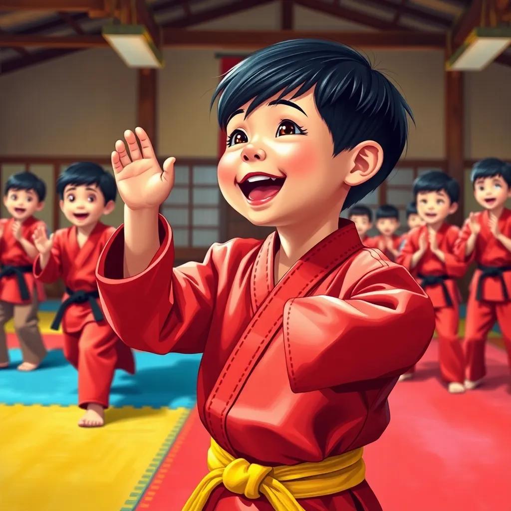 Rayan, a young boy with short, black hair in a red karate uniform, cheering with friends in a dojo, all practicing together, excited expressions, colorful training mats, joyful scene, high quality