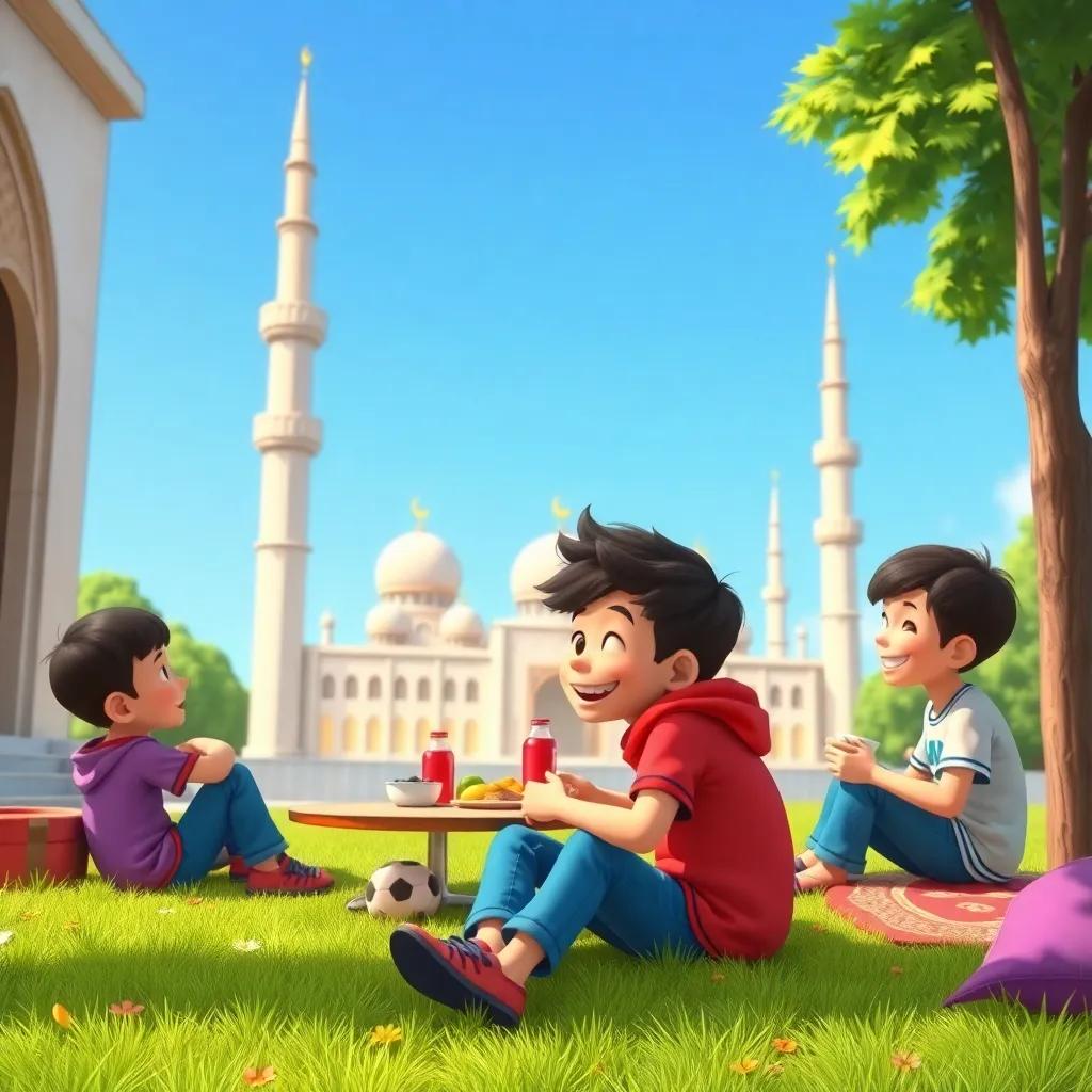 Rayan, a 10-year-old boy, sitting with his friends on a grassy area outside the mosque, sharing food and laughter, under a clear blue sky, cheerful, child-friendly, vibrant