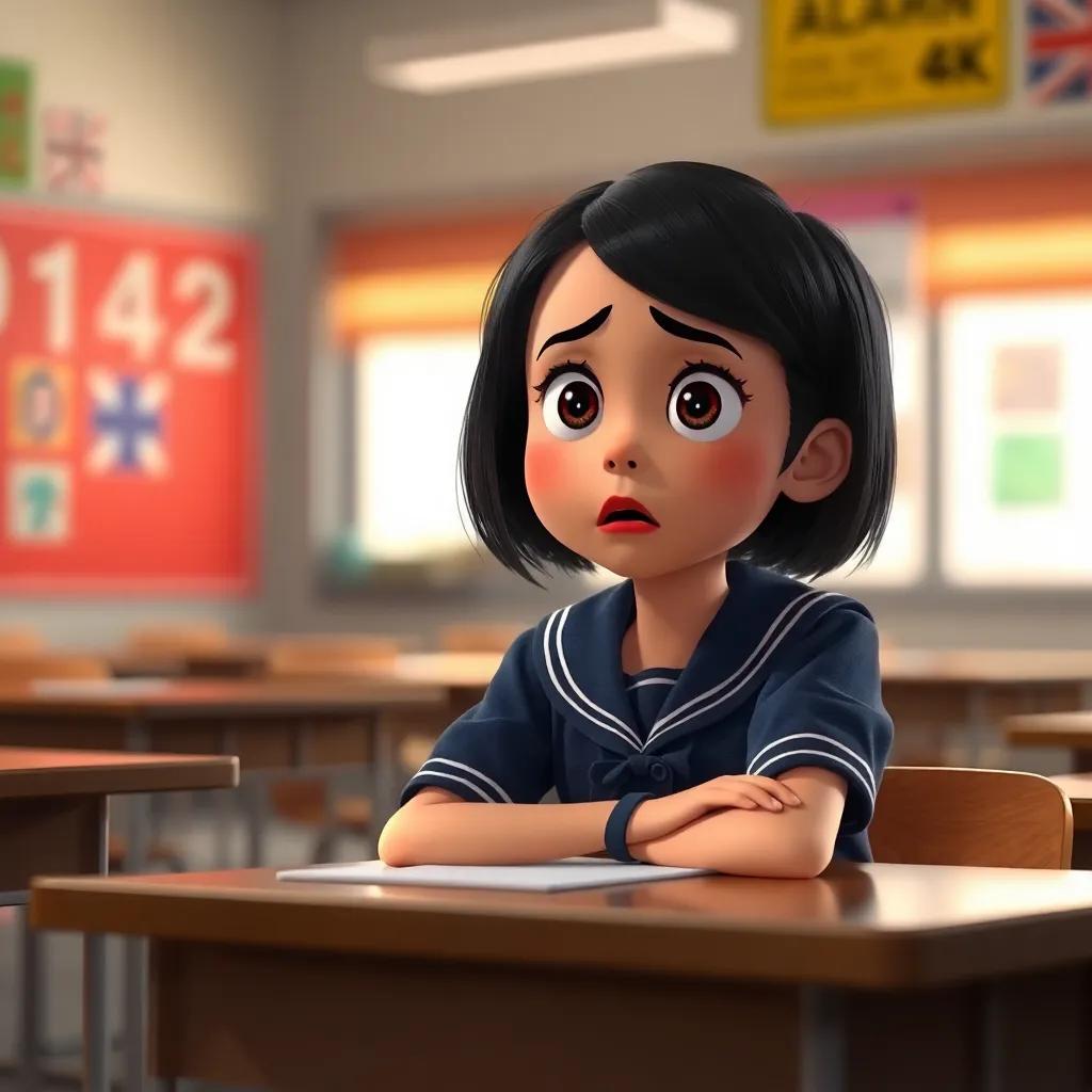 A young Arab girl, ريم, with short black hair, wearing a school uniform, sitting at a classroom desk looking scared during an alarm, colorful classroom background, expressive, warm light, emotional atmosphere, high quality