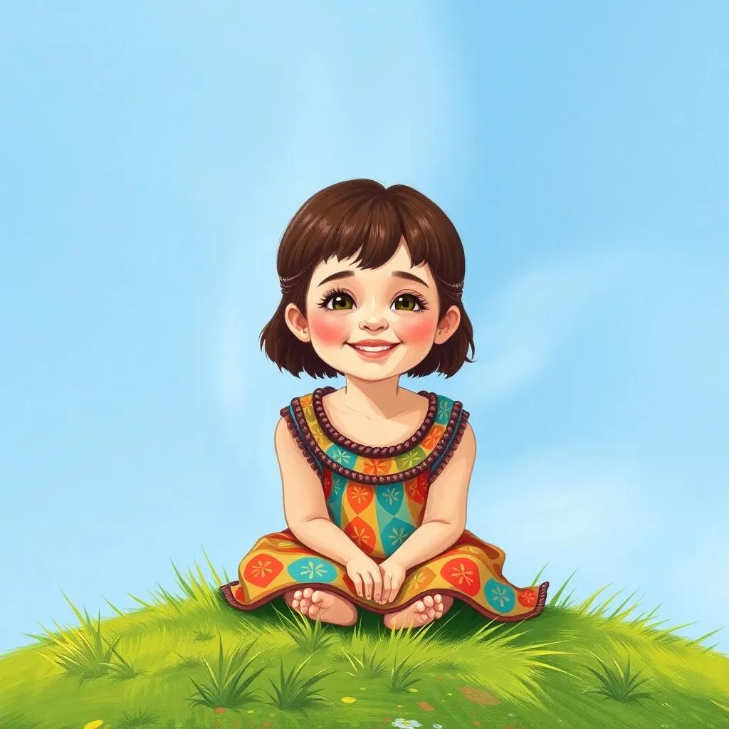 A young Arab girl, Riff, with short brown hair, wearing a colorful dress, sitting on a green grass patch under a bright blue sky, smiling happily, illustrated in bright colors, child-friendly, joyful atmosphere, high quality