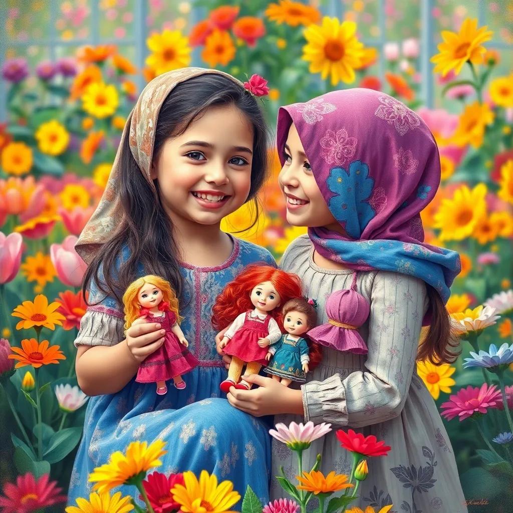 Riff, a young Arab girl, playing with a friend named Leila, both smiling and holding colorful dolls, in a vibrant flower playground, joyful expression, child-friendly, bright atmosphere, high quality