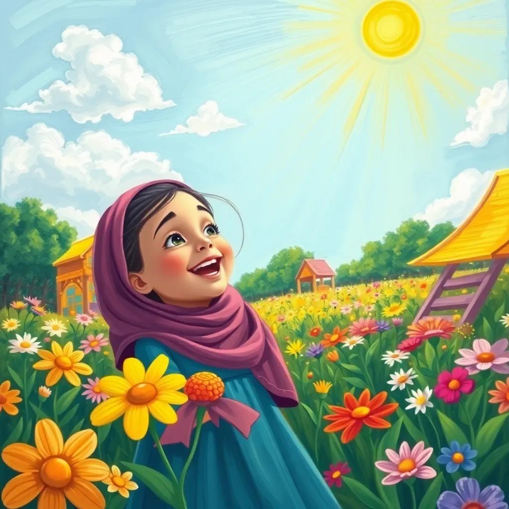 Riff, a young Arab girl, laughing and playing in a playground filled with flowers, under a sunny sky, with a beautiful smile, child-friendly illustration, fun colors, uplifting atmosphere, high quality