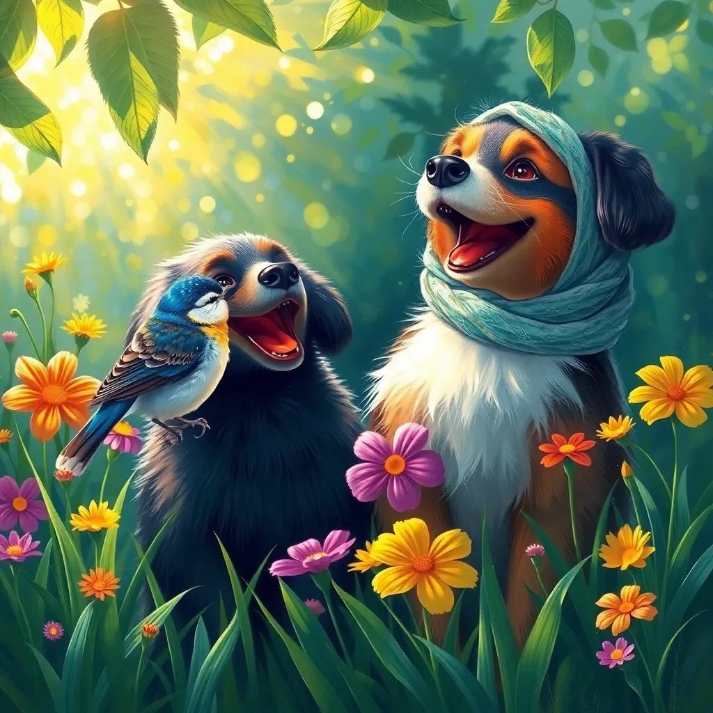 A little bird singing happily near Riff and Leila, with colorful flowers and green grass, sunshine filtering through the leaves, digital art, cheerful, bright colors, joyful setting, high quality