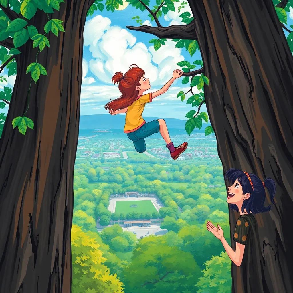 Riff climbing a tall tree, looking out over a beautiful park, with her friend Leila cheering her on from below, excitement in her eyes, illustrated in vibrant colors, adventure-themed, high quality