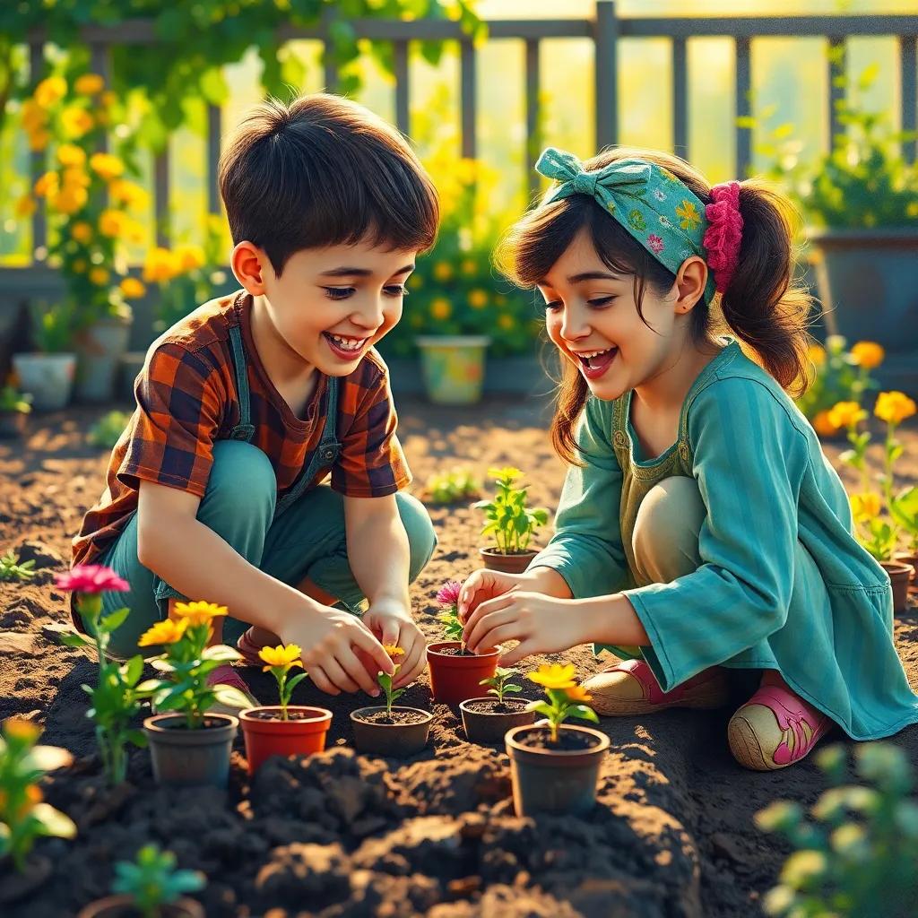 Riff and Leila planting flower seeds in the garden, smiling at each other, surrounded by earth and little pots, with bright colors and warm sunlight, child-friendly texture, uplifting theme, high quality