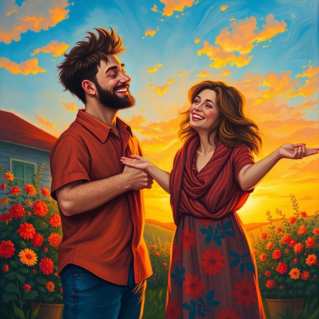 Riff returning home at sunset with a big smile, mother waiting with open arms, with beautiful flowers in the background, warm colors, heartwarming scene, high quality