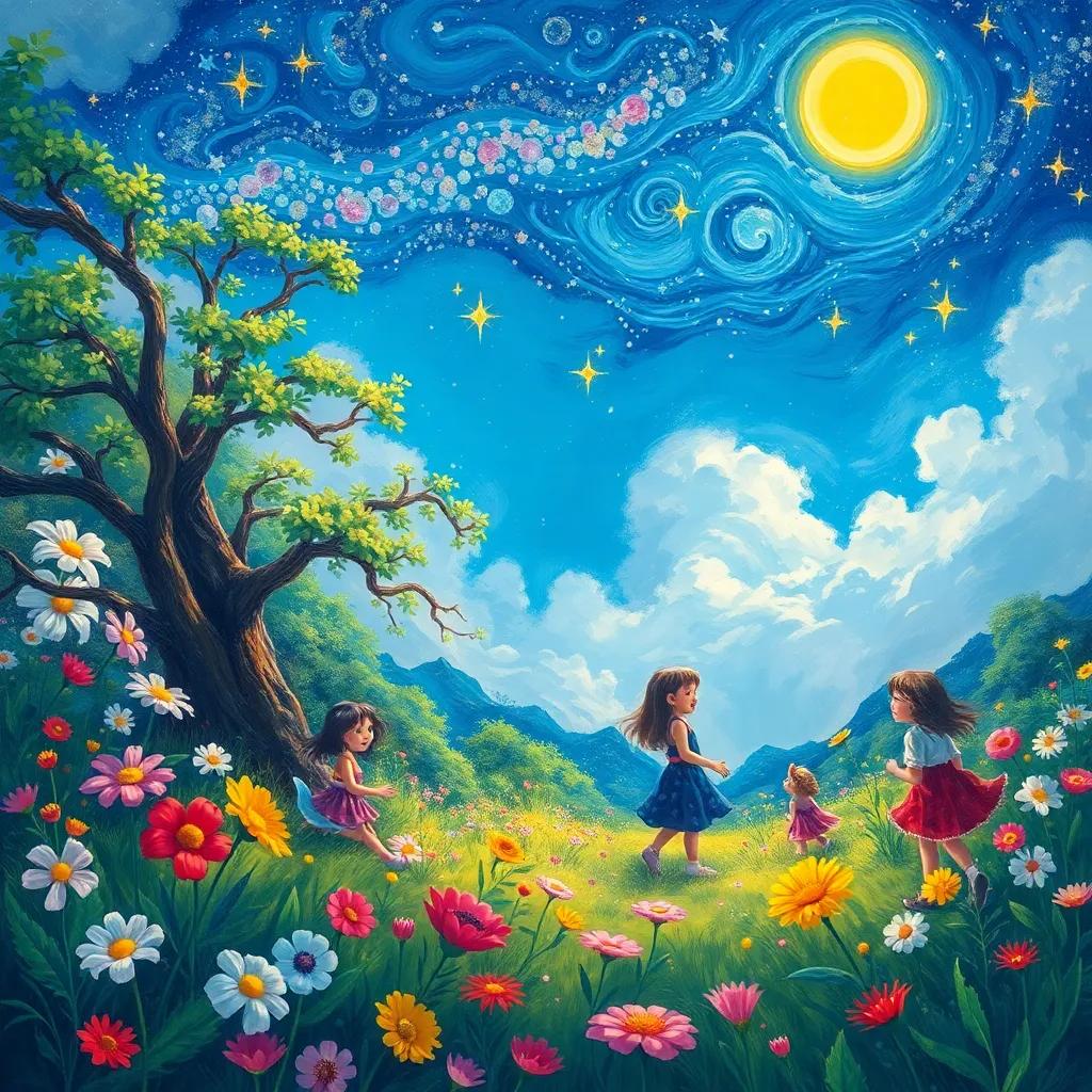 A dreamy landscape where Riff plays in a flower garden with friends, giggling and enjoying the day, with sparkling stars in the sky, vibrant illustration, bright fantasy setting, high quality