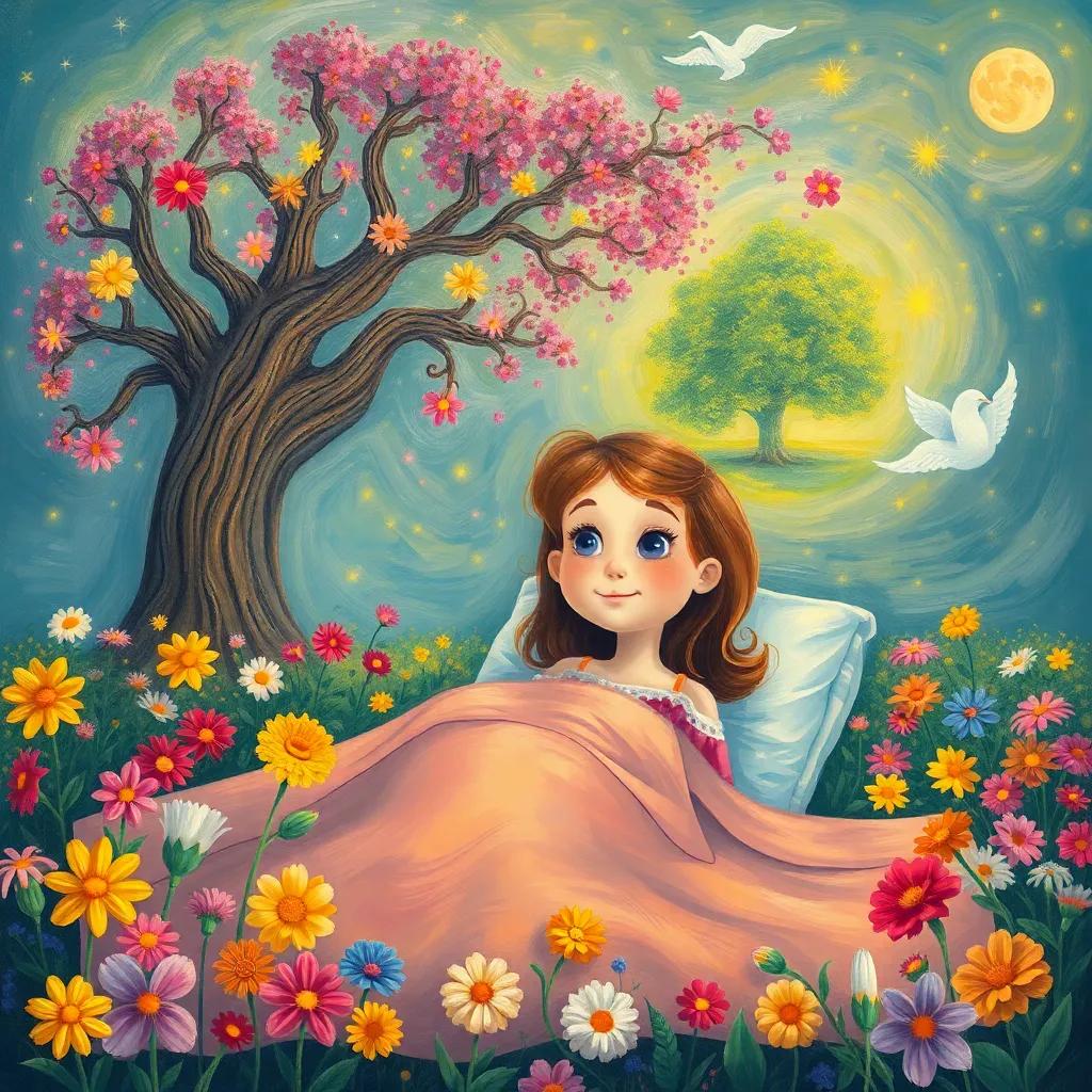 Riff dreaming in her bed about her fun day in the park, surrounded by colorful flowers and a big tree in her dream, cheerful and magical setting, child-friendly illustration, high quality