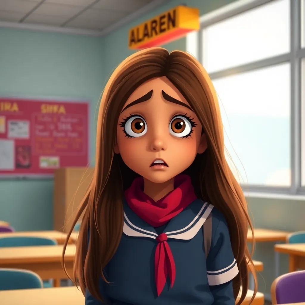 A young Arab girl, Rima, with long brown hair, wearing a school uniform, looking scared in a classroom with a loud alarm siren in the background, colorful and dramatic, digital art, vibrant colors, focused view, child-friendly